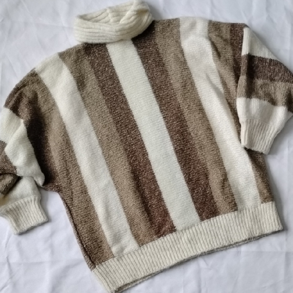 Vintage Forelli Sweater Neutral Stripe Cowl Neck Size 22/24 Oversized 80s Luxe